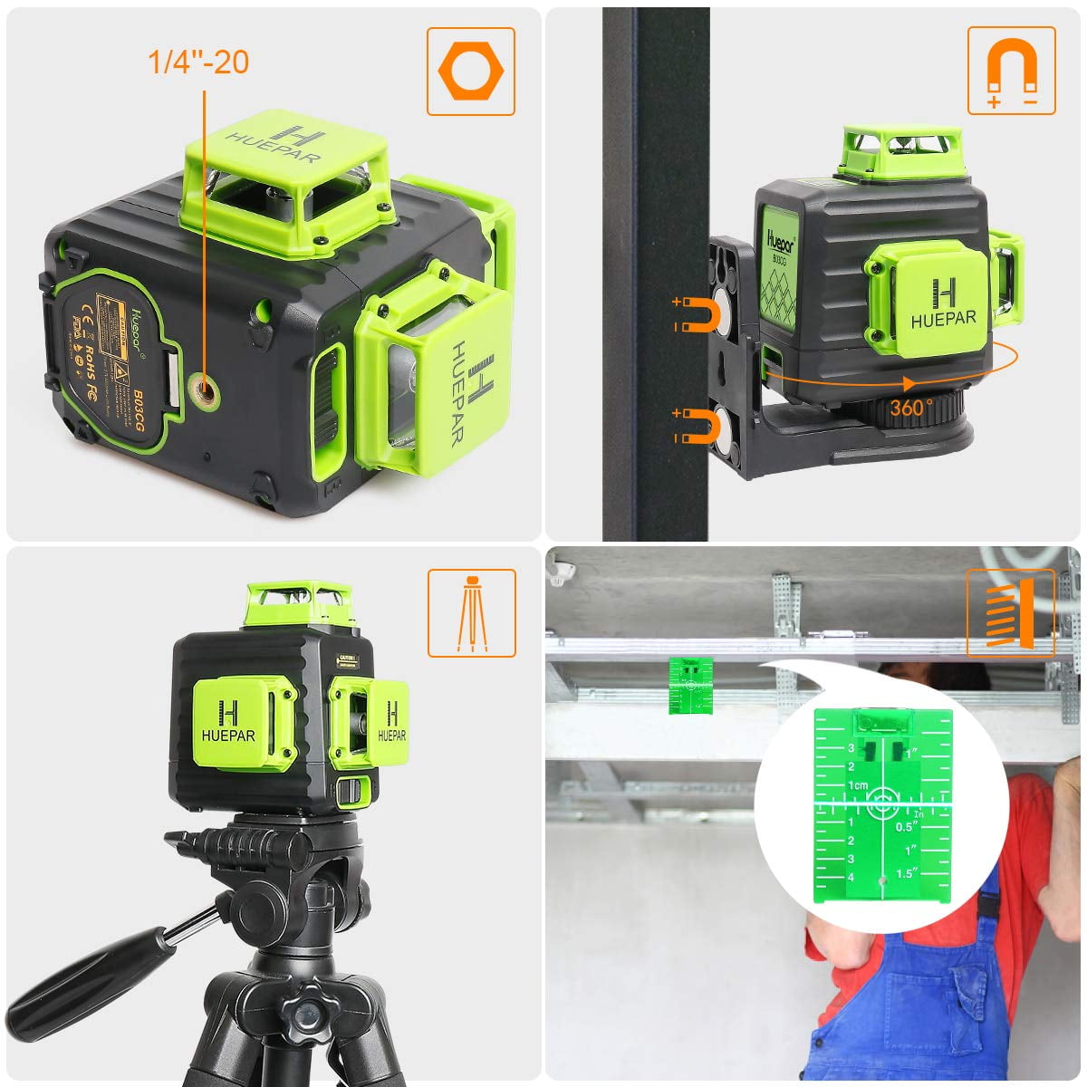 3D 12 Lines Self-leveling Laser Level, 200Ft Green Beam Cross Line Laser Levels Tool with Li-ion Battery, Type-C Charging Port and 360° Magnetic Pivoting Base