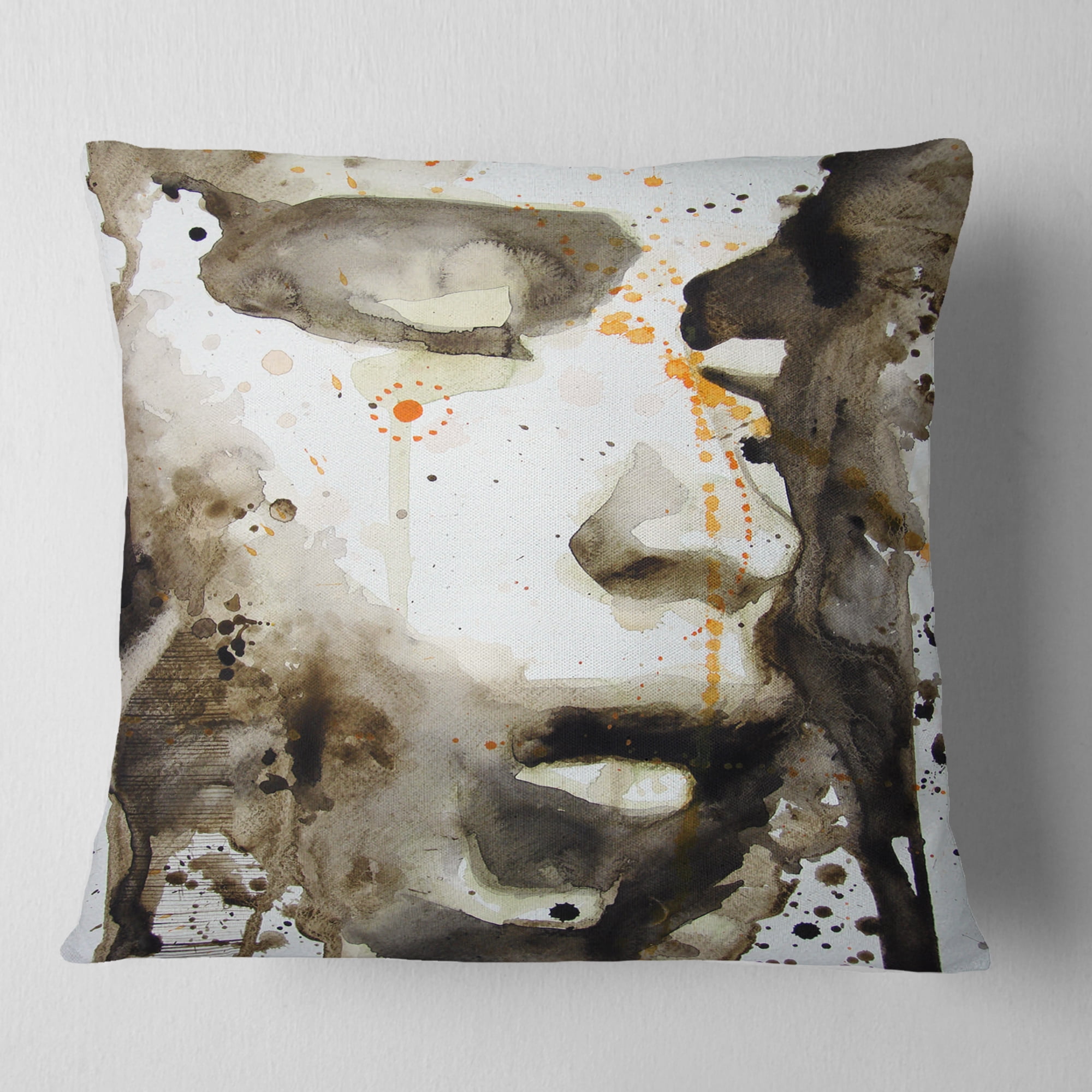 Designart Brown Illustrated Girl - Abstract Portrait Throw Pillow - 16x16