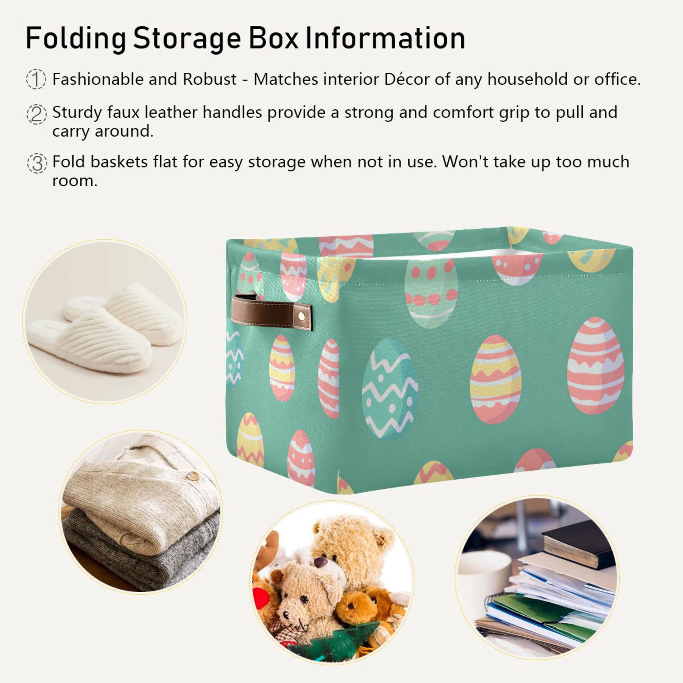 WOBOGO A Pattern Of Colorful Easter Eggs Square Storage Basket with Waterproof Canvas and PE Lining Durable PU Leather Handles 14.2×10.2×8.3in