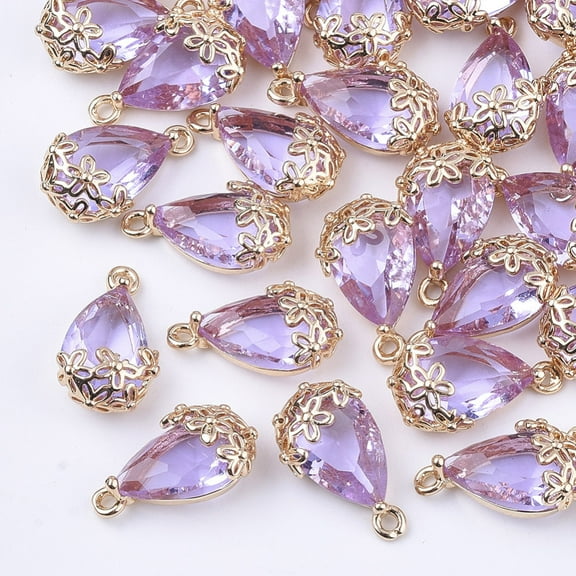 5pcs Transparent Glass Pendants for Jewelry Making with Brass Findings Faceted teardrop with Flower Light golden Medium Purple 16x9x6mm Hole: 1.2mm