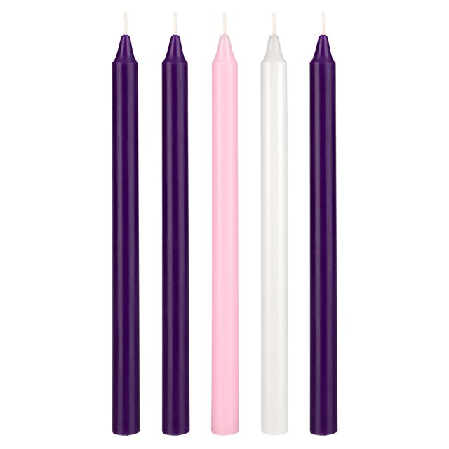 Mega Candles 5 velas sin perfume de Adviento de Navidad, velas cónicas rectas, velas de cera vertidas a mano, 12 pulgadas x 7/8 pulgadas, días festivos, iglesia, celebración devocional, fiesta y más