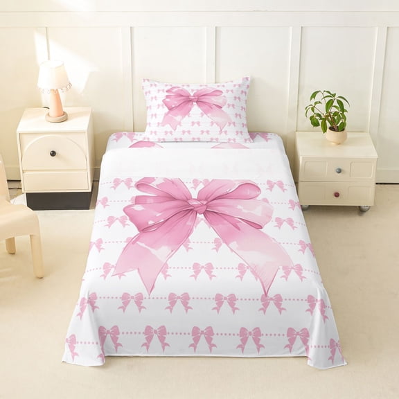 Erosebridal Cute Bowknot Twin Sheet Sets for Girls, Pink Ribbon Bedding, 1 Flat Sheet, 1 Fitted Sheet and 1 Pillowcase