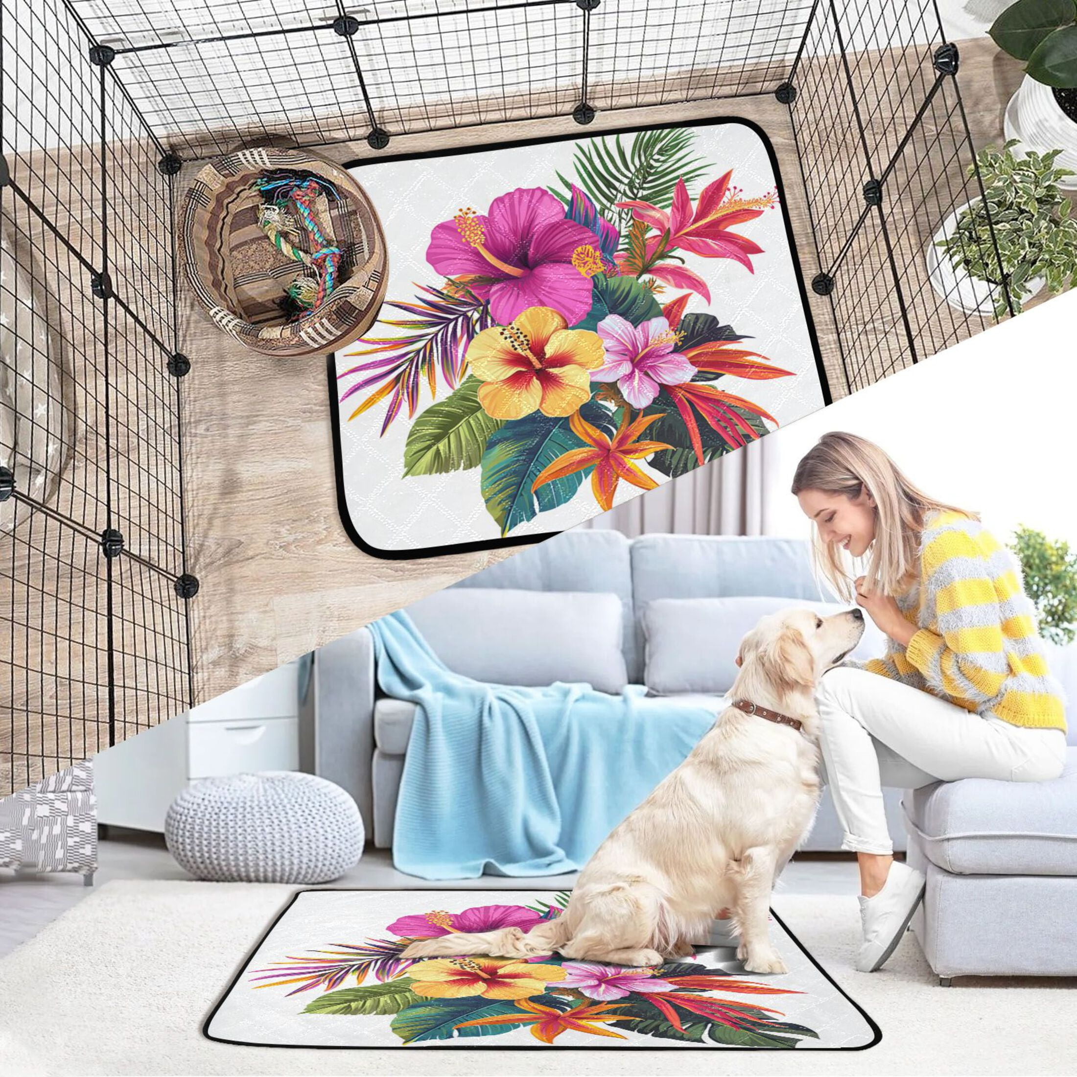 Washable Pet Pee Pads with Super Absorbent Reusable Training Pads for Dogs & Cats Tropical Flowers