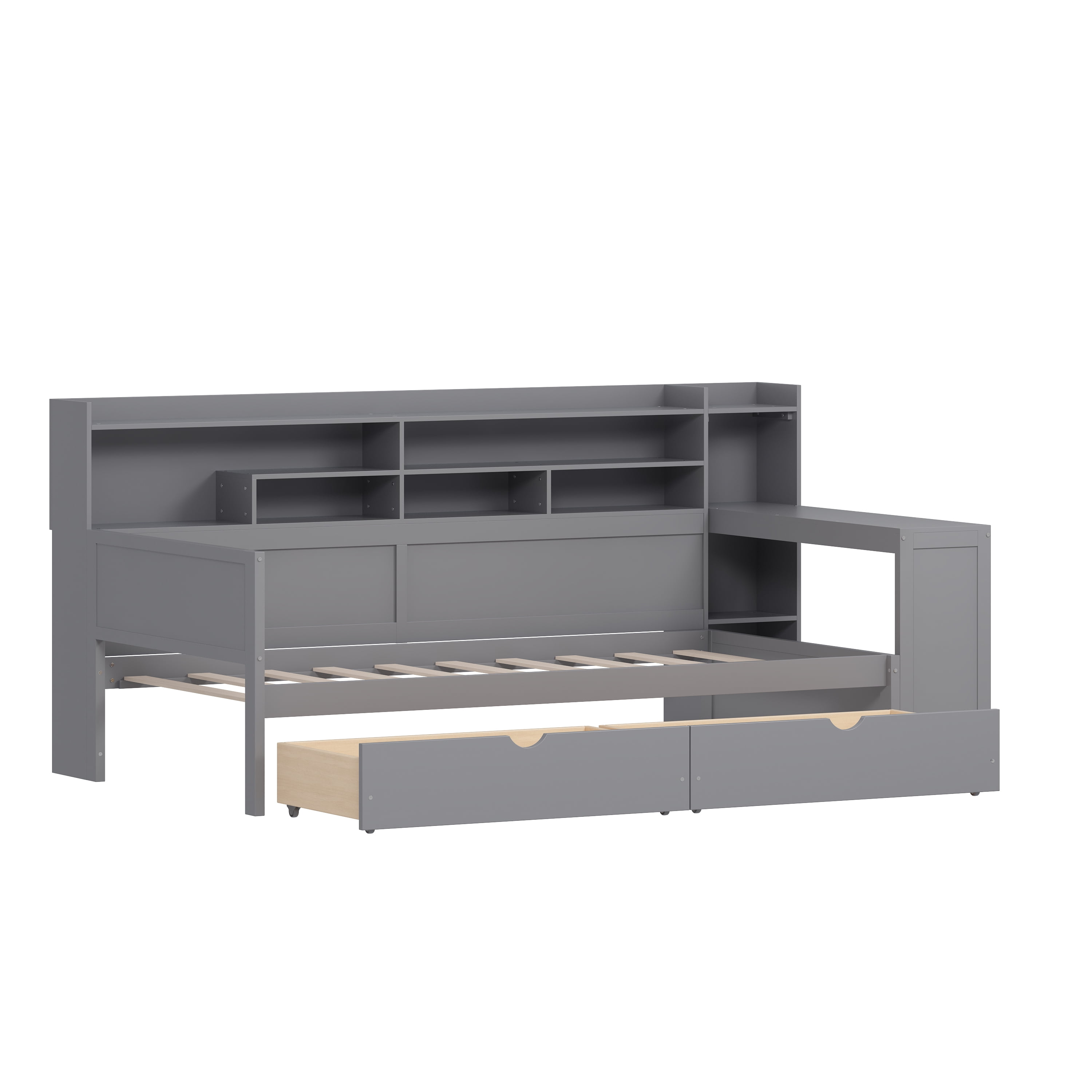 Euroco Wood Twin Size Daybed with Storage Shelves Drawers and Desk, Gray