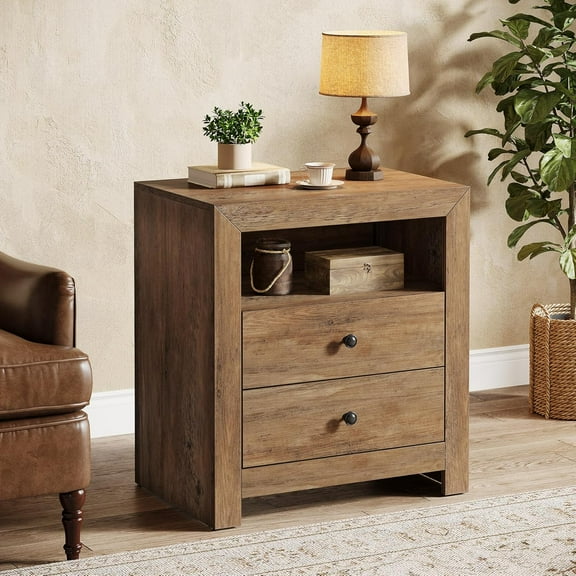 Tribesigns Farmhouse Nightstand with 2 Storage Drawers for Bedroom, Living Room, Small Places, Rustic Brown