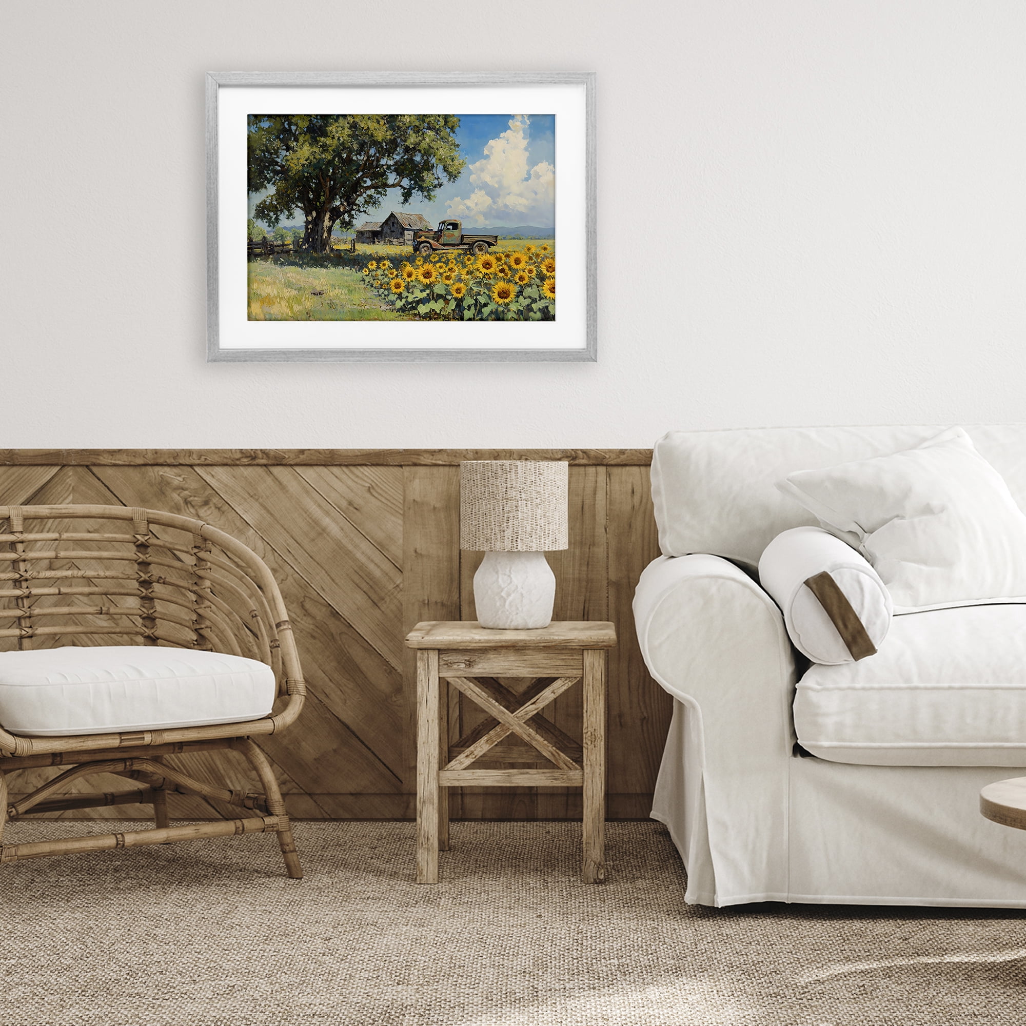 Stupell Industries Sunflower Pickup by Old Barn Gray Framed Print Under Glass, design by Franklyn Gregory