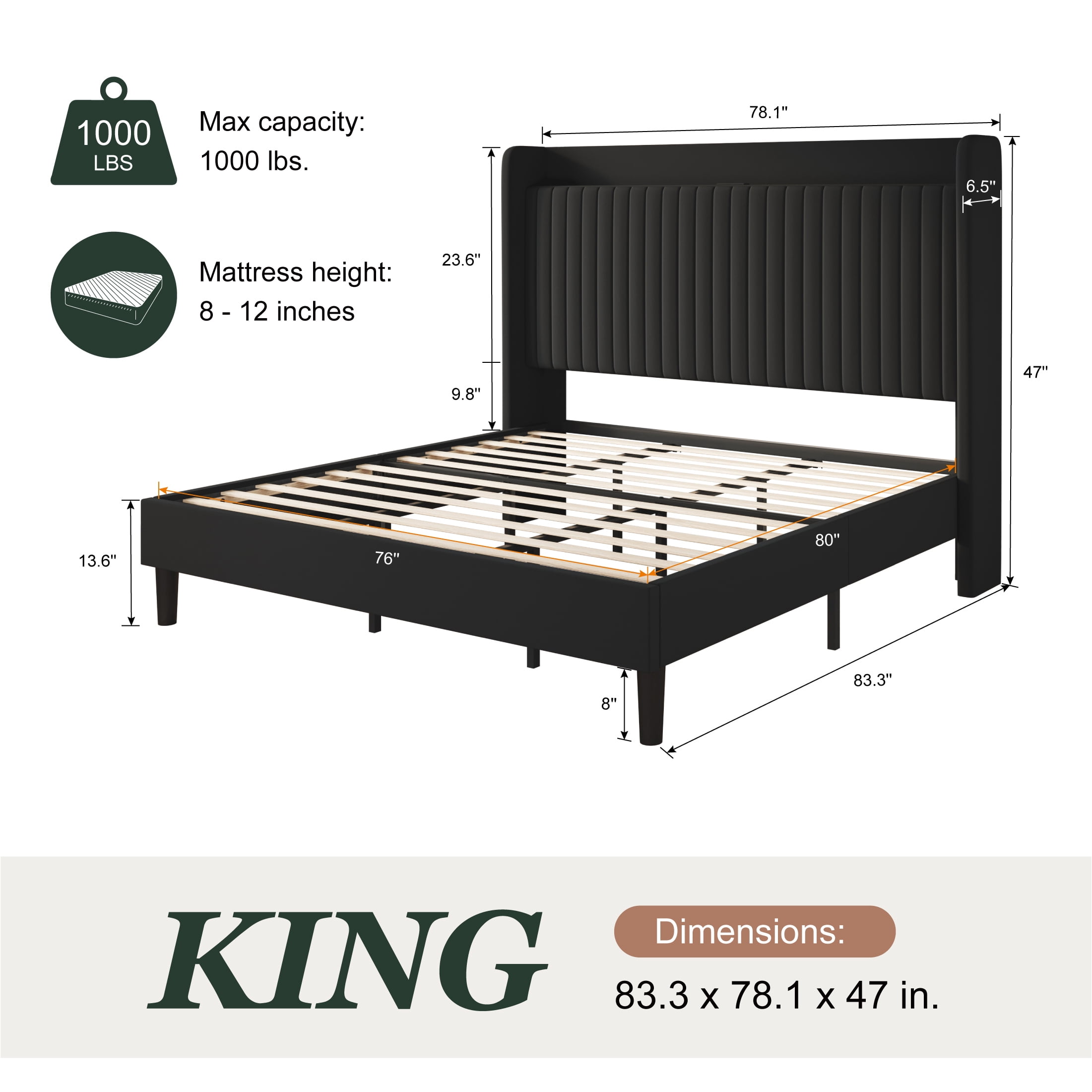 Amolife King Size Bed Frame with Advanced 4-in-1 Charging Hub (2 AC Outlets, 1 Type-C, 1 USB) & Storage Shelf, Upholstered Velvet Wingback Headboard, Black