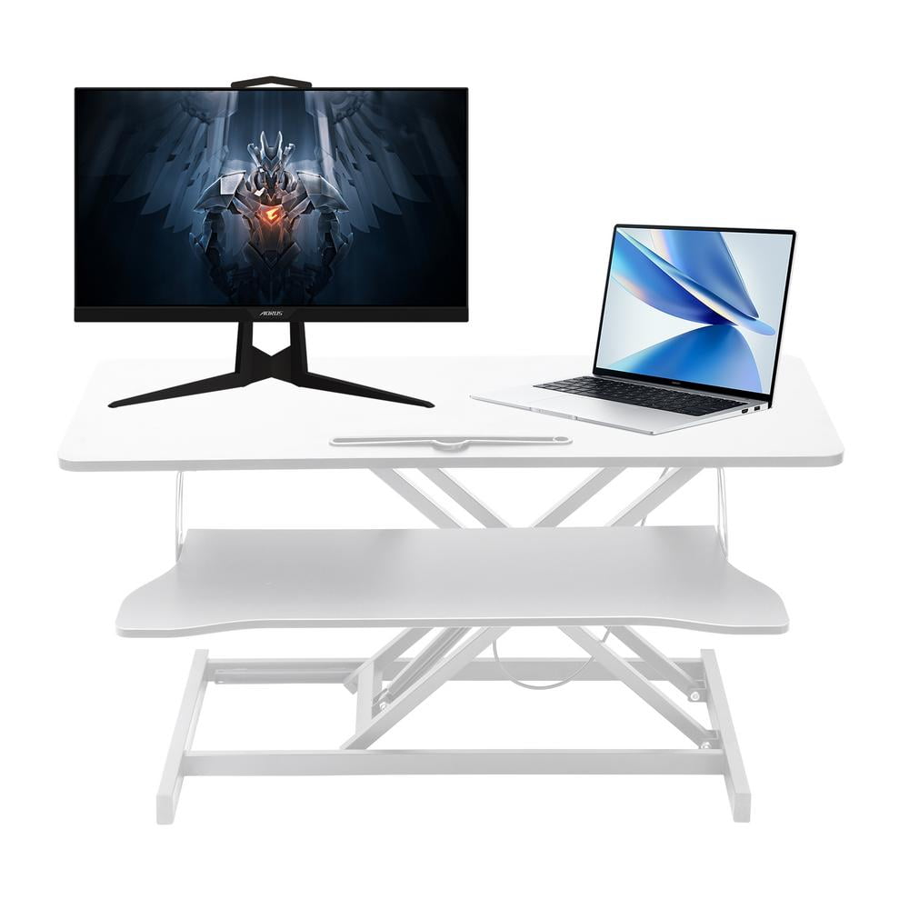 Adjustable Standing Desk Converter, Height Adjustable Desk Riser, Manual Pneumatic Spring Laptop Workstation with Keyboard Tray for Home(White)