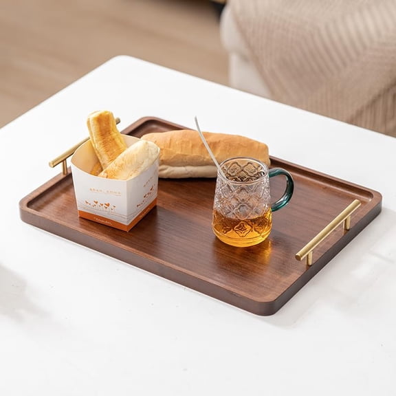 Bamboo Serving Tray with Gold Handles, Food Tray for Breakfast,Coffee Table,Dinner & Bar, Decorative Tray for Kitchen, Bedroom (walnut 35.5*23.5cm)