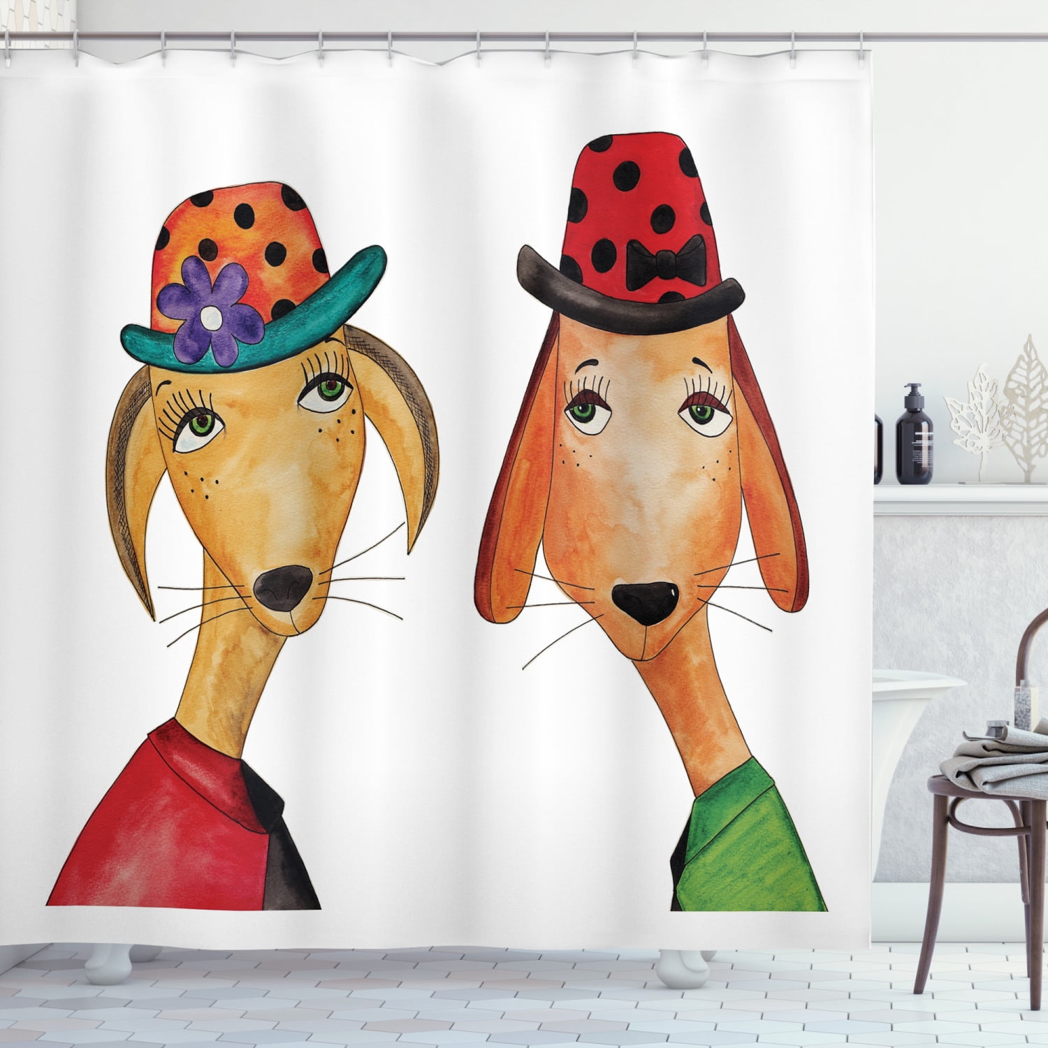 Poodle Shower Curtain, Doodle Style Funny Drawings of Doggies in Polka