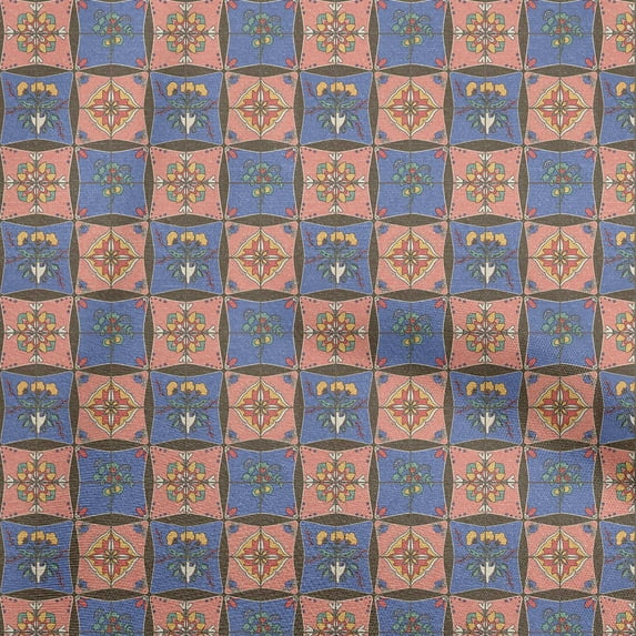 oneOone Cotton Silk Medium Blue Fabric Asian Tile Traditional Floral Diy Clothing Quilting Fabric Print Fabric By Yard 42 Inch Wide