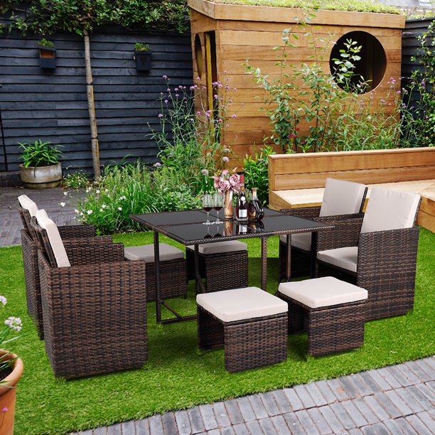 Wicker Patio Sets, 9 Piece Patio Furniture Dining Sets with 4 PE Wicker