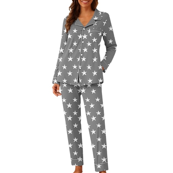 Gytharion Womens Pajama Sets Cute Star Print Sleepwear Sets Long Sleeve Button Down Lapel Top and Long Pant Pj Sets 2 Piece Loungewear Outfits with Pockets