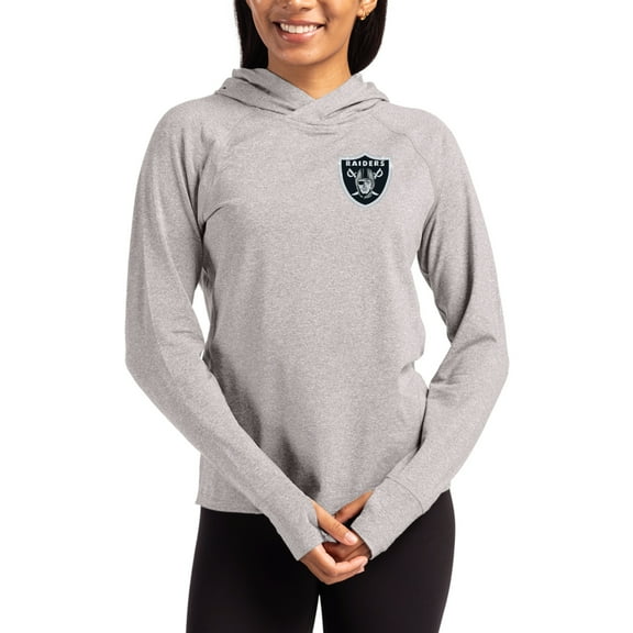 Women's Cutter & Buck Heather Gray Las Vegas Raiders Primary Logo Adapt Knit Recycled Raglan Pullover Hoodie