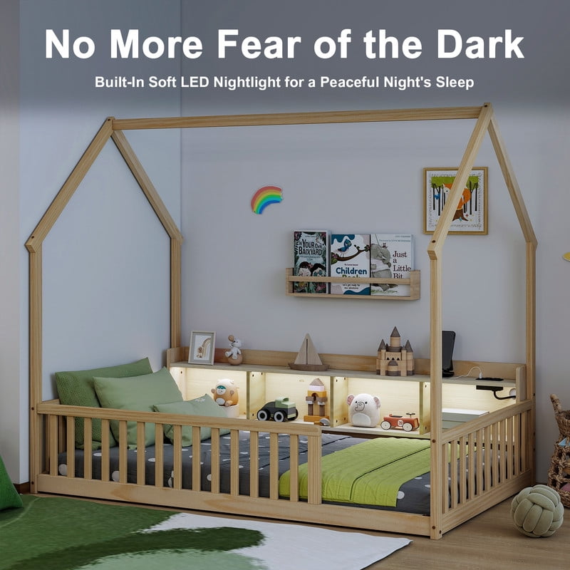 Twin Size House-Shaped Canopy Bed with Roof, Wood Kid's Floor Bed Frame with Storage Shelves, LED Lights & Charging Station