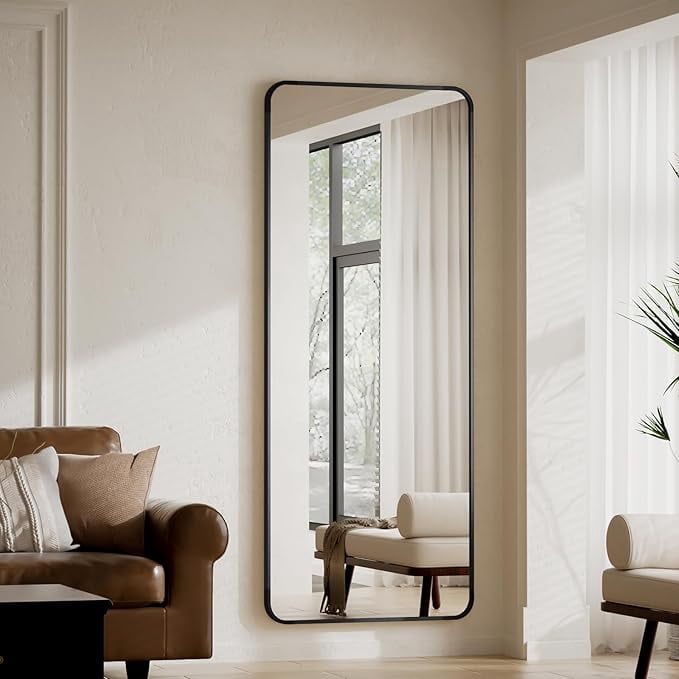 Mirstory 20" x 60" Rectangle Full Length Mirror with Stand Round Edge Floor Mirror, Black