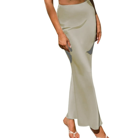 Pxiakgy skirts for women Women's Skirt Stretch Waist High Solid Satin Dress women's skirts Beige L