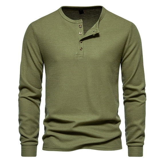 JGGSPWM Men's Waffle Pullover Long Sleeve Henley Tops Casual Button up Round Neck Knit Sweater Shirt Army Green L