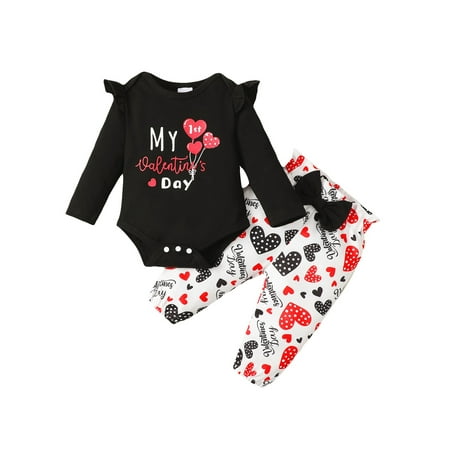 

Infant Girl Valentine s Day Clothes Set Long Sleeve Round Neck Letter Print Romper + Heart Pattern Trousers with Bow