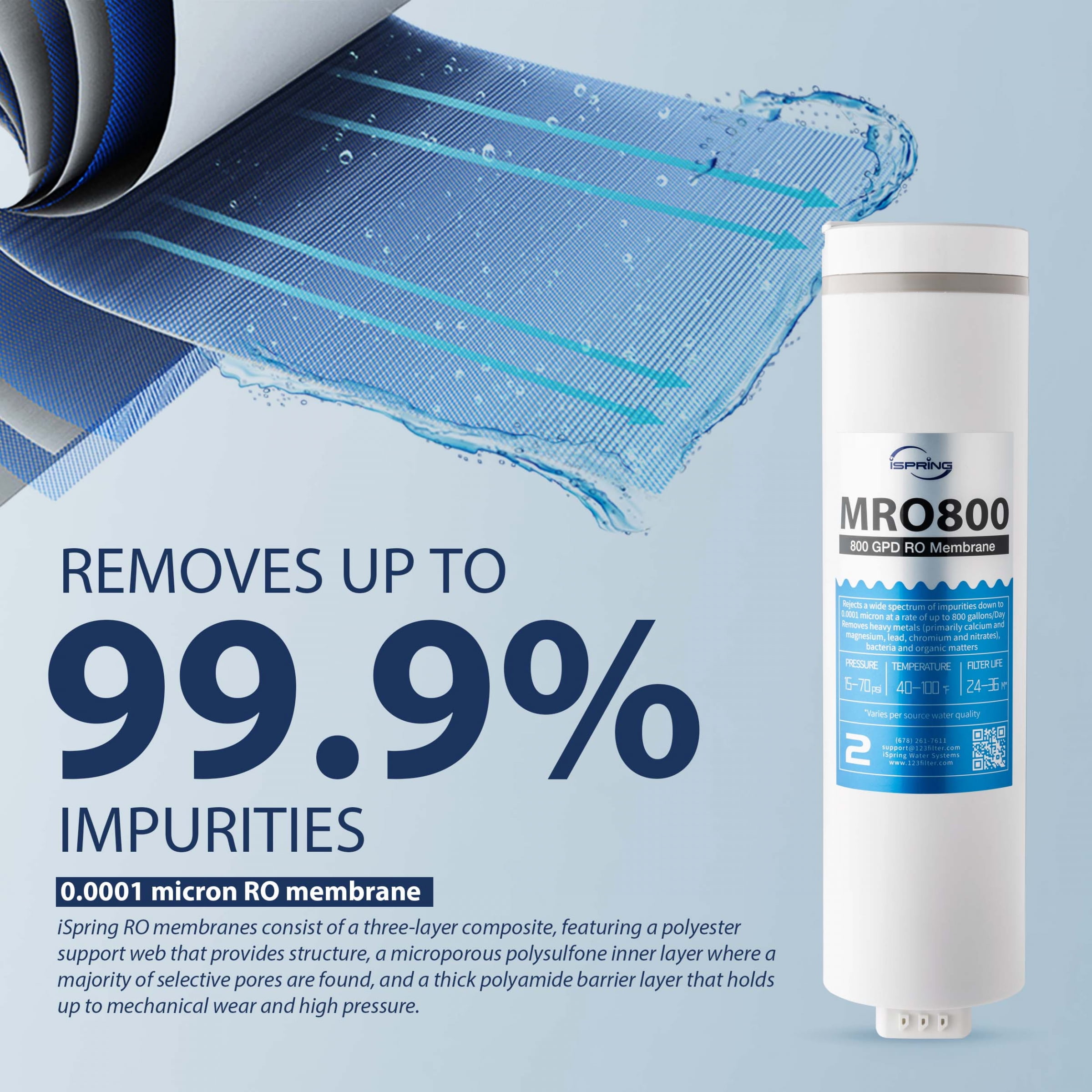iSpring MRO800 RO Membrane Reverse Osmosis Replacement, High Flow up to 800 GPD, 2.5:1 Pure to Waste water ratio