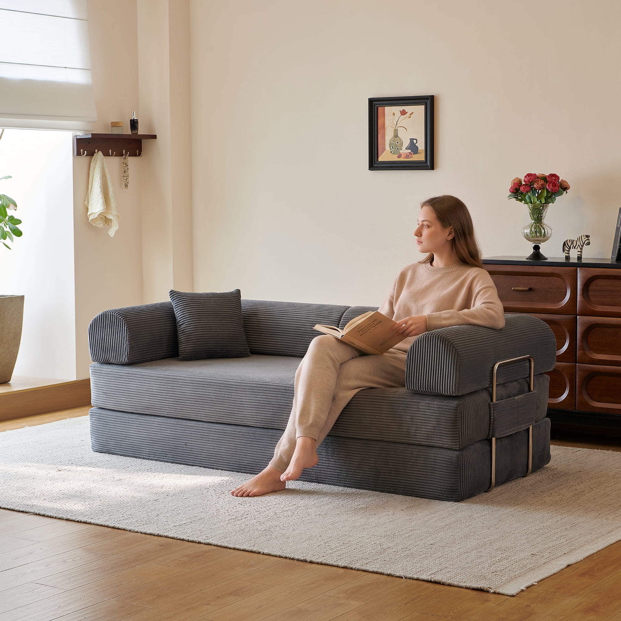 Howcool 79" Boneless Sleeper Sofa Bed, 2-in-1 Pull Out Convertible Loveseat Couch with 2 Throw Pillows, Corduroy Futon Floor Sofa for Living Room, No Assembly Required, Grey