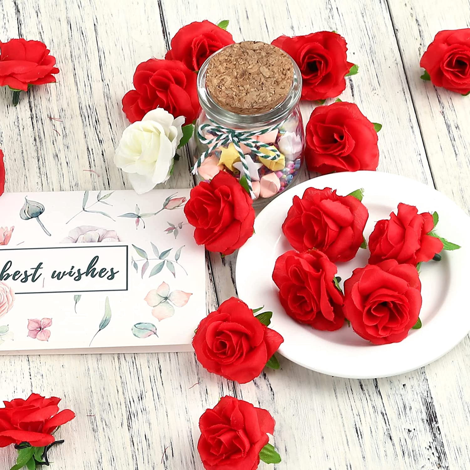 Naler 50 Pcs Red Stemless Fake Silk Roses,1.6" Artificial Flowers Heads Bulk for Valentine's Day Wedding Party Bouquets Decorations
