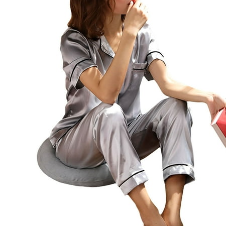 

TOPGOD Women Summer Satin Pajamas Set Short Sleeve Lapel Tops+Elastic Waist Trousers 2Pcs Homewear