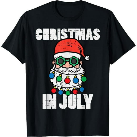 Cotton Christmas In July Santa Lights Graphic Tee T Shirt Top Short Sleeve Round Neck Black S-5XL
