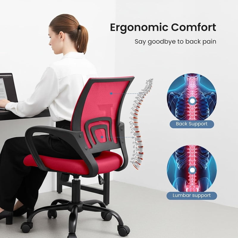 Simenmax Ergonomic Mid Back Office Chair, Red Mesh Computer Desk Chair with Lumbar Support, Rocking Mode for Home Office