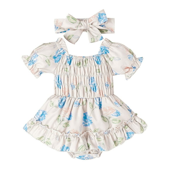 Otqutp Toddler 2024 Clothing 0 to 18 Months Summer Fashion Floral Print Sweet Ruffled Short Sleeved Romper With Headband