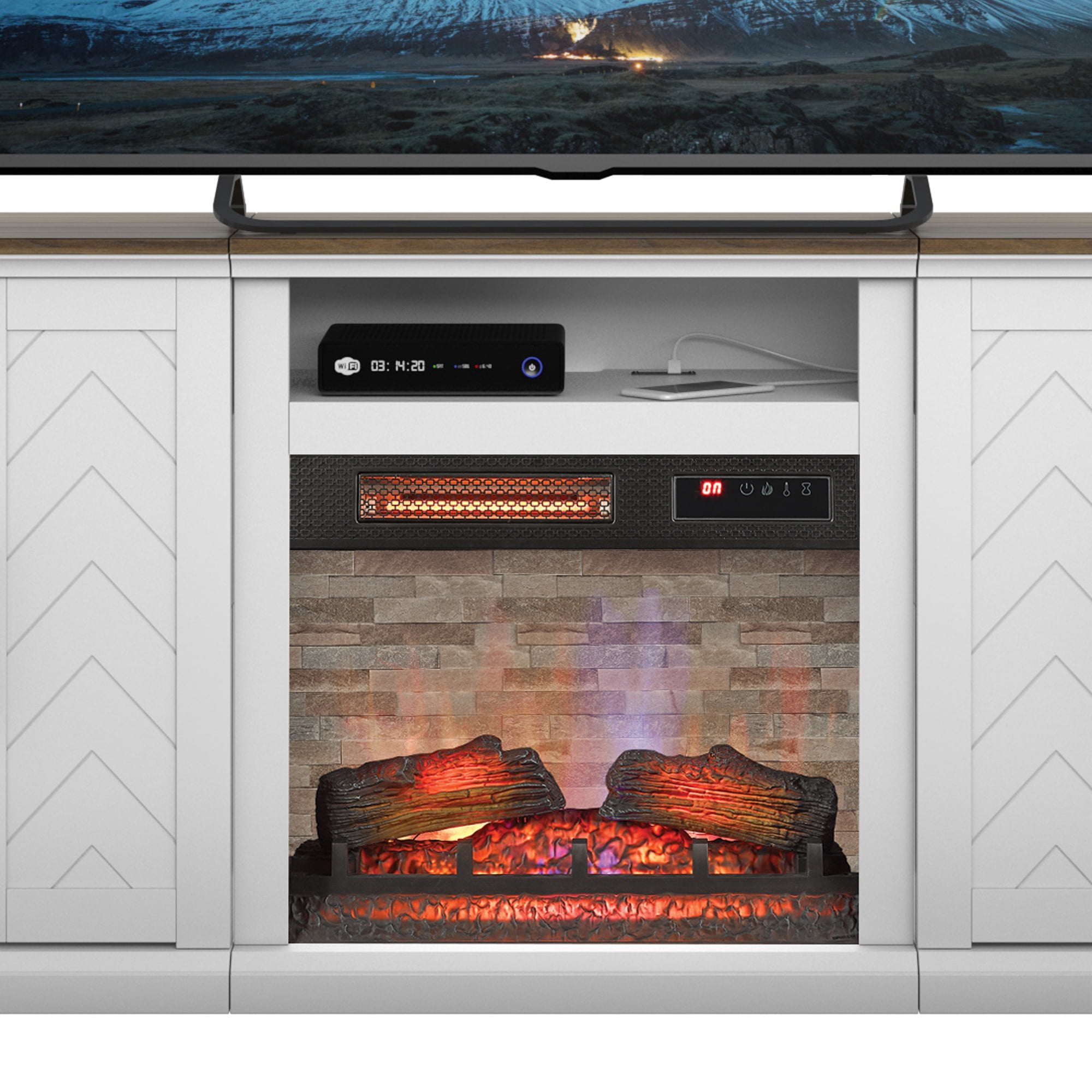 Twin Star Home TV Stand for TVs up to 80” with Electric Fireplace and USB Charging Ports