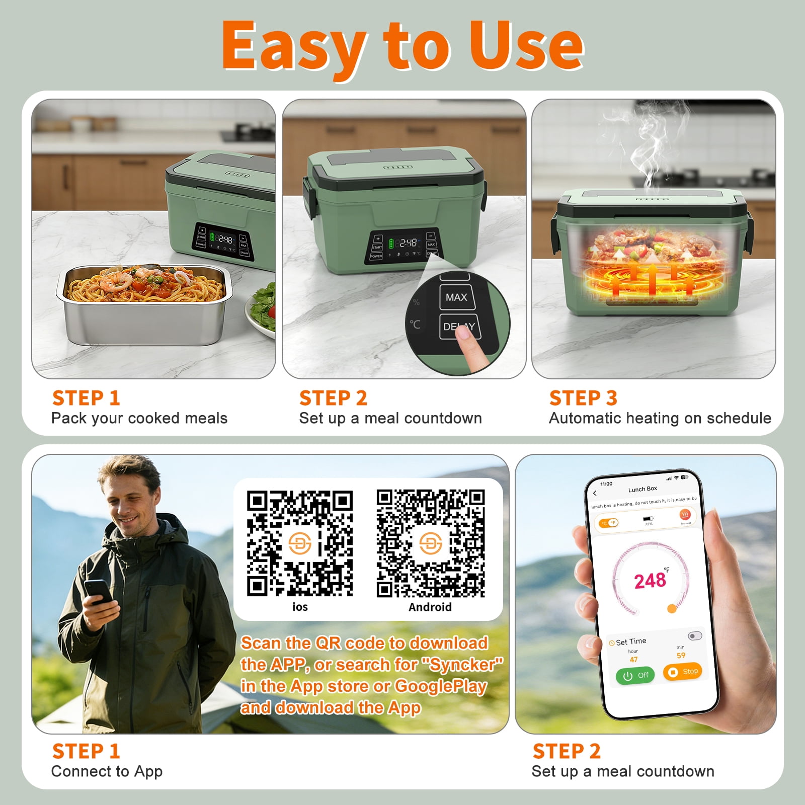 Vingud 80W Cordless Electric Lunch Box for Adults, APP Control Heated Lunch Box Food Warmer 9000mAh Rechargeable Self Heating Lunchbox for Office&Outdoor, Christmas White Elephant Gifts