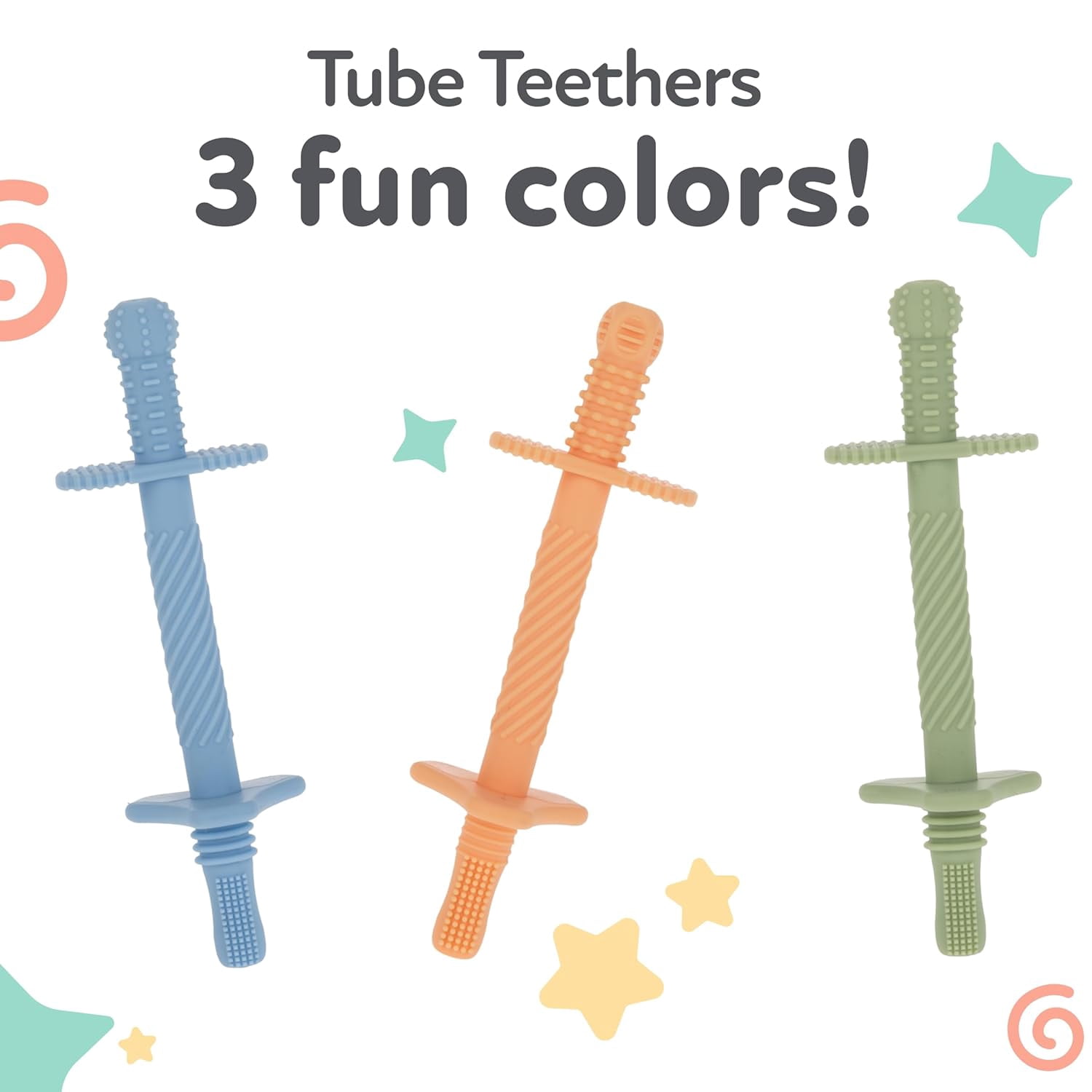 Nuby Silicone Tube Teether for Infants, Orange, Blue, and Green, 3 Count