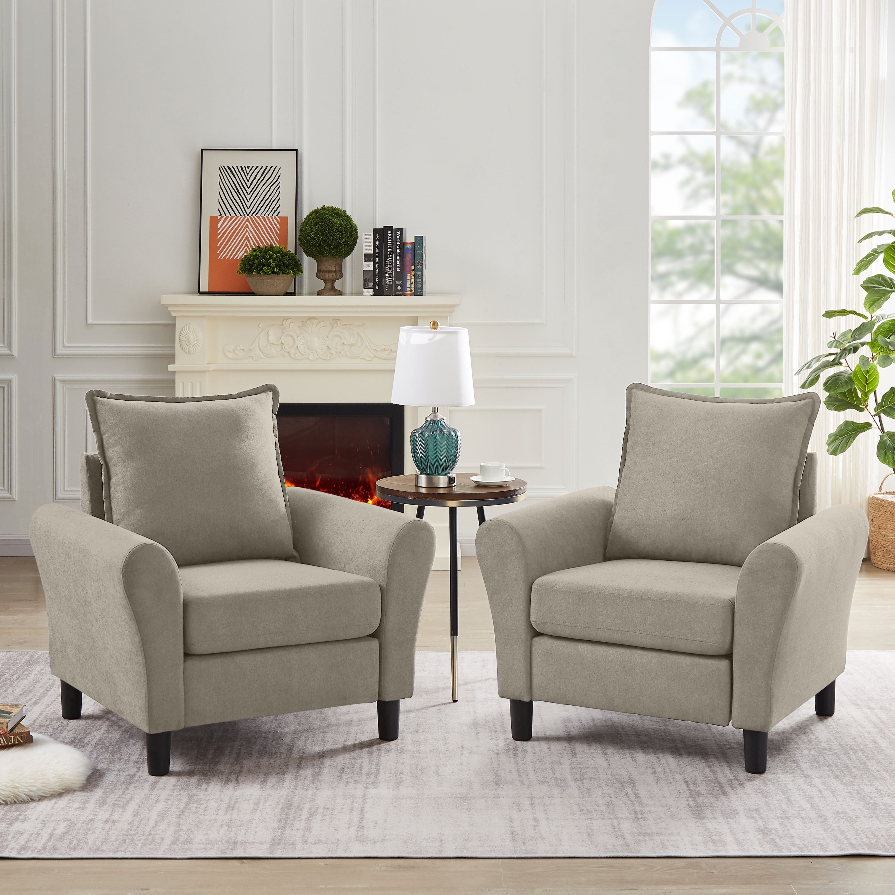 Pingliang Home Linen Fabric Accent Chairs, Mid Century Modern Armchair, Upholstered Comfy Single Sofa 1 Seat Sofa for Living Room, Apartment, Bedroom,Small Space Studio Office,Beige