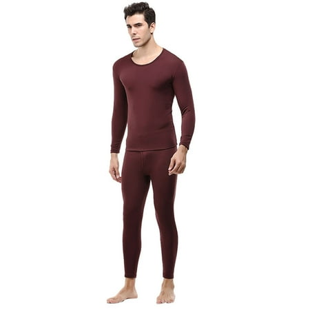 

JNGSA Men s Winter Thermal Suit Circular Collar Pure Color Cashmere Underwear Set Clearance