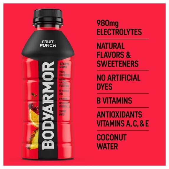 BODYARMOR Fruit Punch Electrolyte Sports Drink, 20 fl oz, 6 Pack Bottles ( 2 Box of 6 Bottles )