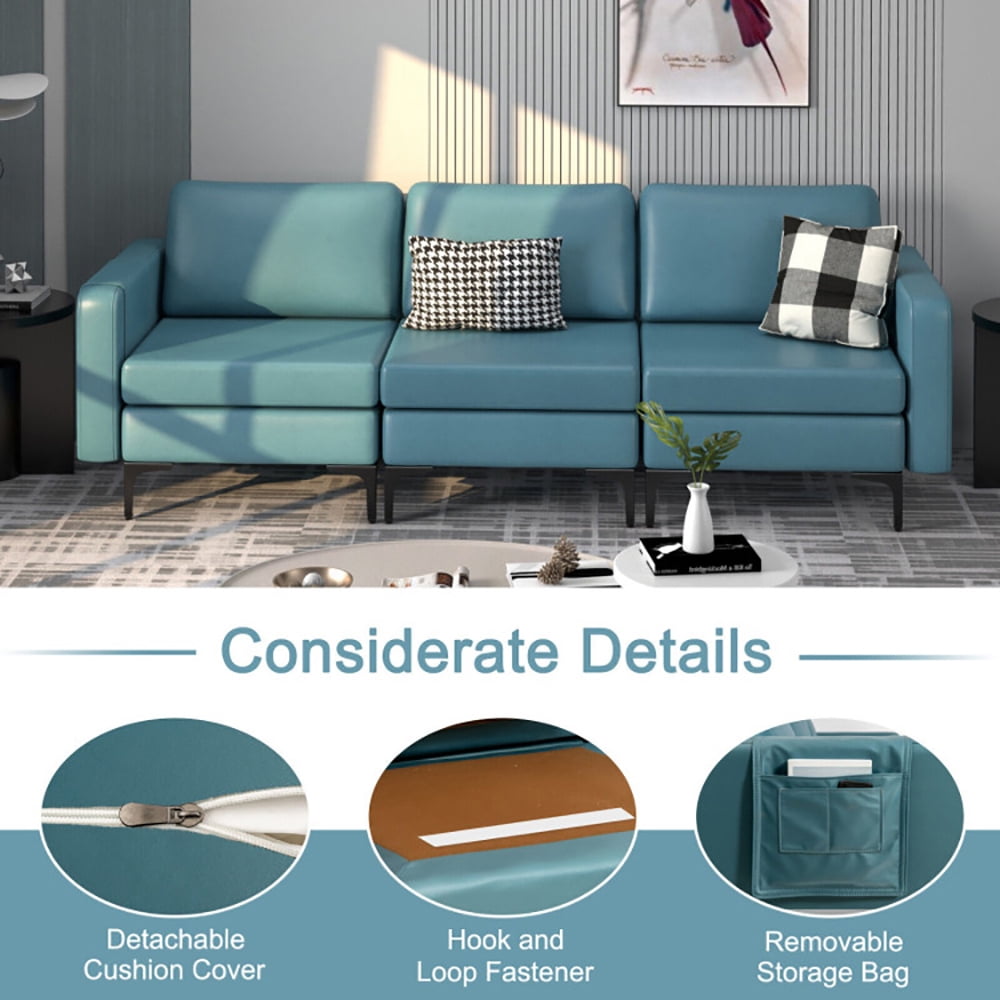 Finihen Sectional Sofa Couch, 3-Seat Sectional Sofa Couch with Armrest Magazine Pocket and Metal Leg, for Living Room, Bedroom, Blue Finihen Sectional Sofa Couch, 3-Seat Sectional Sofa Couch with Armrest Magazine Pocket and Metal Leg, for Living Room, Bedroom, Blue