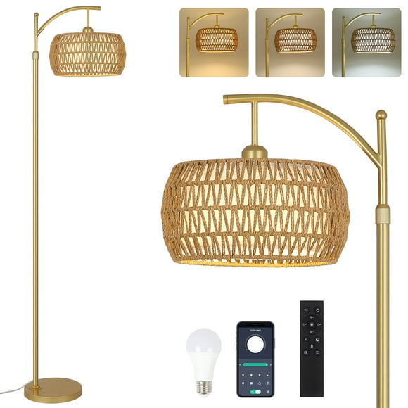 Lámpara de pie Eyassi Arc Gold LED de 3 temperaturas de color con control remoto y regulable