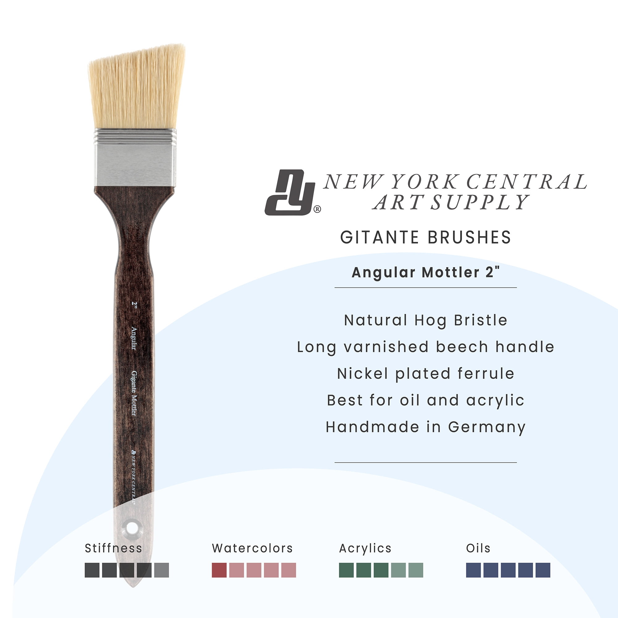 New York Central Gigante Natural Hog Bristle Large Scale Artist Paint Brush, 2" Anglular Mottler, Professional German Handmade Oil Painting Brush w/ Long Handle for Oil, Acrylic & Acryla Gouache