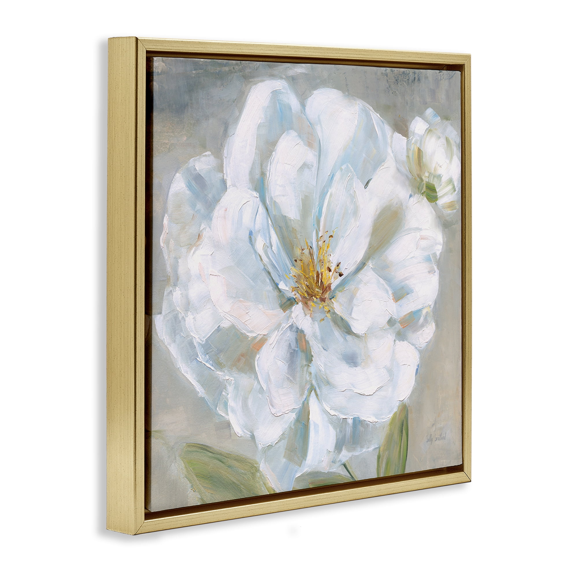 Stupell Industries Curling White Flower Petals Plants & Flowers Painting Gold Floater Framed Canvas Art Print Wall Art, 18 x 18