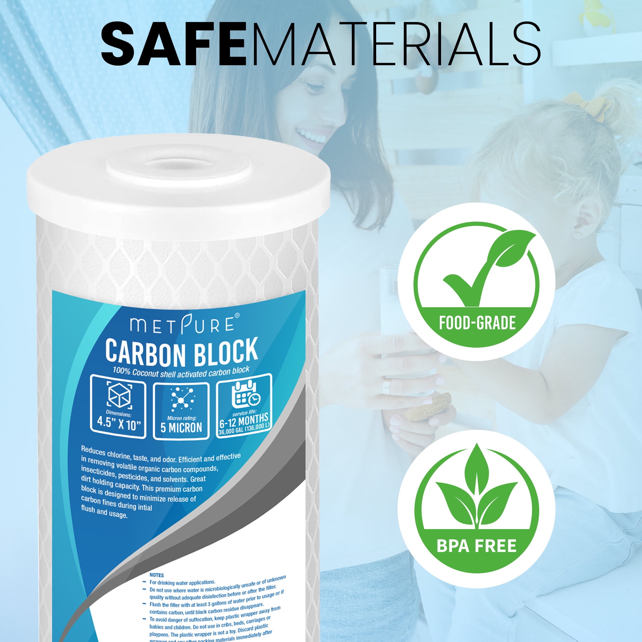Metpure Universal 5 Micron 10” x 4.5” Whole House Carbon Water Filter Cartridge Replacement - Coconut Shell Carbon Block CTO. Compatible with/Replacement Pentek, Dupont, GE, etc. 2-Pack