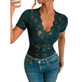 thumbnail image 2 of Blusa de para Mujer, de Corta, Cuello Redondo, Ajustada, con Encaje Floral Liso, Blusas Transparentes con Cuello en V Verde Tinta XL, 2 of 7