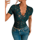 thumbnail image 2 of Blusa de para Mujer, de Corta, Cuello Redondo, Ajustada, con Encaje Floral Liso, Blusas Transparentes con Cuello en V Verde Tinta L, 2 of 7
