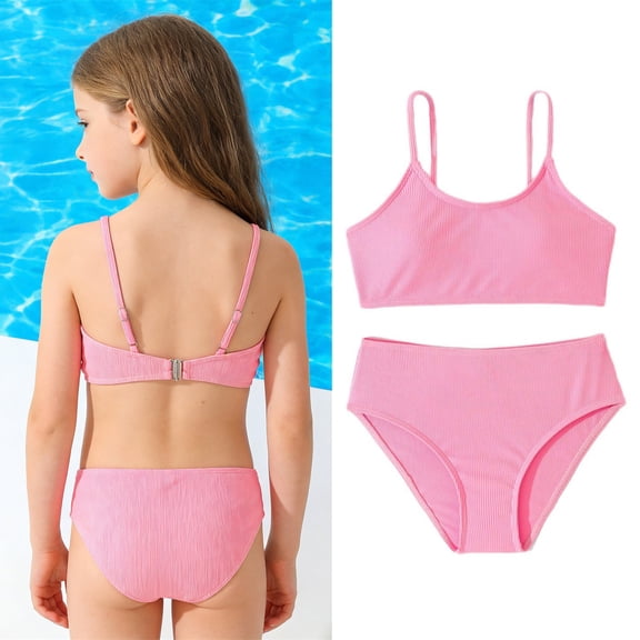 2 Piece Swimsuit for Kids Girls Adjustable Straps Swimwear with Chest Pad Swimsuit for Kids Girls 8-9 Years