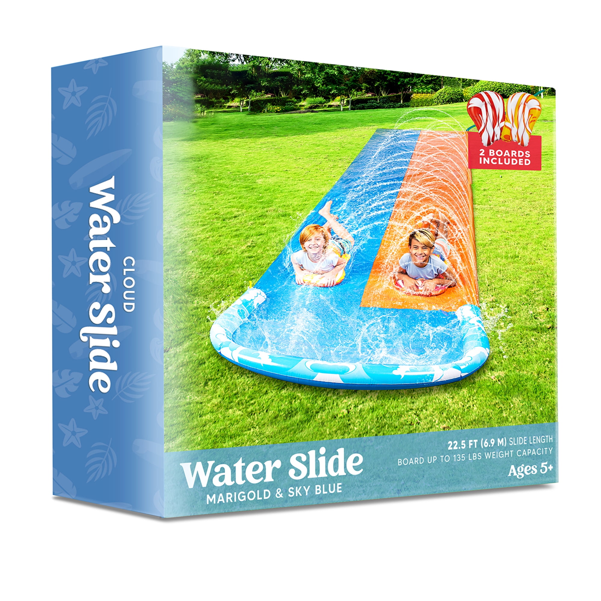 Joyfy 22.5ft Water Slides and 2 Bodyboards, Lawn Backyard Waterslides Water Toy with Build Sprinkler for Kids Outdoor Water Fun