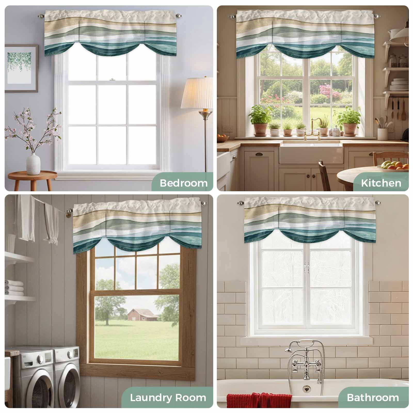 Abstract Wave Effect Tie Up Valances Curtain, Adjustable Kitchen Watercolor Blue Stripes Valances for Windows Decor, Rod Pocket Short Curtains Set for Bedroom/Bathroom, 54"x18"