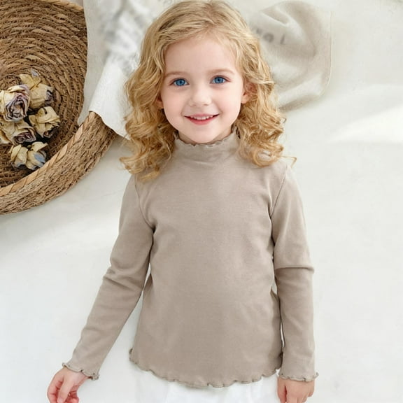 MAIHAN-Girls Ruffled Stretch LongSleeve Top - Solid Color Blouse Cute Layering Shirt for Autumn Winter Season,Soft Comfortable Daily Wear,Casual Fashion Blouse with Ruffle Sleeves(Beige,3-4Years)