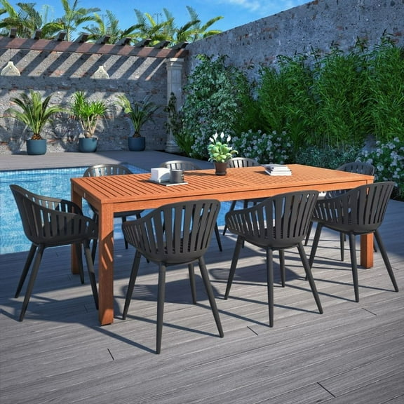 Amazonia Paraty 9-Piece Patio Dining Table Set, Eucalyptus Wood & Aluminum, Ideal for Outdoors and Indoors, Black