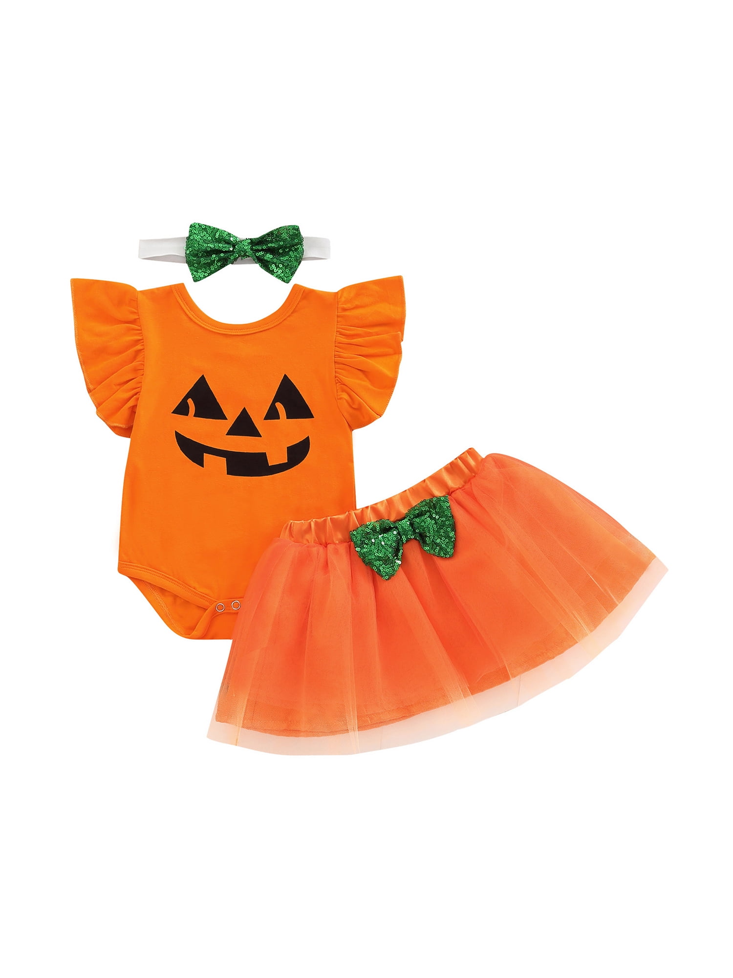 3Pcs Baby Girls My 1st Halloween Outfits Pumpkin Print Romper+Bow 