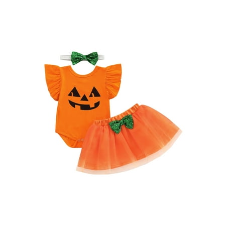 

TheFound Newborn Baby Girls Halloween Clothes Pumpkin Printed Fly Sleeve Romper+Sequined Tutu Skirts+Headband Set
